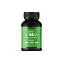 Load image into Gallery viewer, A black bottle of Vitacanna Broad Spectrum 1500mg CBD Vegan Gummy Bears features a green label with gummy bears, vegan-friendly formula, USA organic hemp-derived CBD, and is enriched with vitamins.