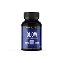 Load image into Gallery viewer, The Vitacanna 1000mg Broad Spectrum CBD Vegan Capsules (50 count) feature 20mg CBD per capsule from organic hemp, with added collagen and vitamin C. Comes in a black bottle with a blue label by Vitacanna.