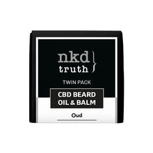 Load image into Gallery viewer, A rectangular packaging featuring a black and white design labeled "NKD" at the top. The text below reads "NKD 150mg CBD Twin Pack OUD Beard Oil and Balm," indicating the product content, which includes a CBD-infused beard oil and balm with an Oud scent.