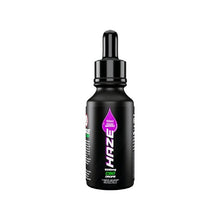 Load image into Gallery viewer, A small black bottle labeled "Haze" features a purple drop graphic on the front, indicating it contains high strength 6000mg CBD isolate and has a volume of 30ml. The bottle comes with a black dropper cap.