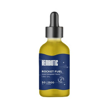 Load image into Gallery viewer, A 50ml bottle of Hembiotic 2500mg Bulk CBD Oil comes with a dropper. The blue label features the product name "Rocket Fuel" and lists ingredients such as Guarana, Ashwagandha, and Vitamins. This vegan-friendly CBD oil is provided by the brand Hembiotic.