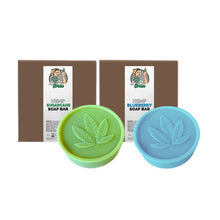 Load image into Gallery viewer, Two circular Lady Green Hemp Soap Bars from Green Apron are displayed in front of their packaging. The left soap bar, labeled "Hemp Sugarcane," is green, while the right one, labeled "Hemp Blueberry," is blue. Both soaps feature a leaf imprint on top, and the packaging is brown.