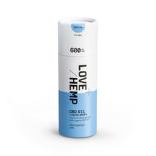 Load image into Gallery viewer, A product by Love Hemp, which is labeled "LOVE HEMP," comes in a white cylindrical container featuring a blue lower half. The label specifies that it is the Love Hemp 600mg Peppermint CBD Oil - 30ml. This premium hemp extract contains 600 mg of CBD oil drops, boasting a peppermint flavor with 2% CBD, and is formulated with organic MCT oil.