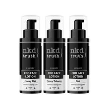 Load image into Gallery viewer, Three sleek, black pump bottles of NKD 50mg CBD Face Lotion - 100ml are displayed side by side. The labels on each bottle read "Honey Oak," "Honey Tobacco," and "Oud." Each bottle contains 50mg of CBD along with natural ingredients to provide optimal skin hydration. The overall design is monochromatic, complemented by clear caps.