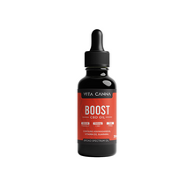 Load image into Gallery viewer, A black dropper bottle labeled &quot;Vitacanna 700mg Broad Spectrum CBD Oil - 30ml&quot; featuring ashwagandha, vitamin C, guarana, and organic hemp to support wellness. Brand: Vitacanna.
