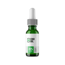 Load image into Gallery viewer, A green glass bottle with a gray dropper cap, labeled &quot;CBD Asylum 35% 3500mg CBD Oil&quot; in white text. The label also states &quot;35% Natural,&quot; indicating its 35% strength, and &quot;To be taken orally.&quot;.
