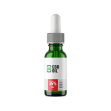 Load image into Gallery viewer, A green glass dropper bottle with a gray cap, labeled &quot;CBD Asylum 35% 3500mg CBD Oil 10ml (BUY 1 GET 2 FREE)&quot; and instructions to &quot;Take Orally.&quot; The label features a green icon and text on a white background, highlighting its Full Spectrum Terpenes.
