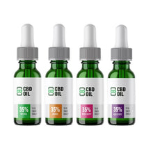 Load image into Gallery viewer, A row of four green glass dropper bottles with white labels displaying &quot;CBD Asylum 35% 3500mg CBD Oil 10ml (BUY 1 GET 2 FREE).&quot; The bottles, enriched with full spectrum terpenes, are labeled with different flavors: Natural (green), Orange (orange), Mixed Berry (pink), and Acai Berry (purple). Each label indicates &quot;To be taken orally.
