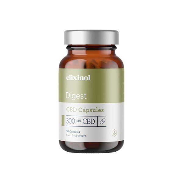 The Elixinol 300mg CBD Digest Capsules - 30 Caps come in a brown bottle with a silver cap. The label features green and white colors and indicates that it is a food supplement. Each vegan-friendly capsule contains 300 mg of CBD.