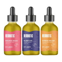 Load image into Gallery viewer, The image showcases three bottles of Hembiotic 2500mg Bulk CBD Oil - 50ml. The first bottle, labeled &quot;Bounce Back,&quot; has a pink label. The second, labeled &quot;Sleep Aid,&quot; features a blue label. The third, labeled &quot;Stress Relief,&quot; sports an orange label. Each vegan-friendly bottle contains 50ml and 2500mg of CBD.
